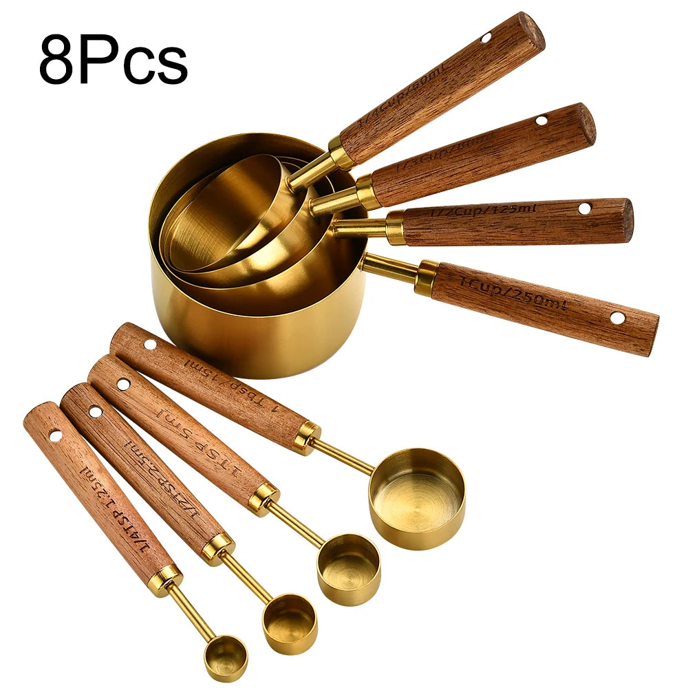 Chef-Grade Gold Wooden Handle Stainless Steel Measuring Cups & Spoons: The Ultimate Baking & Coffee Precision Set