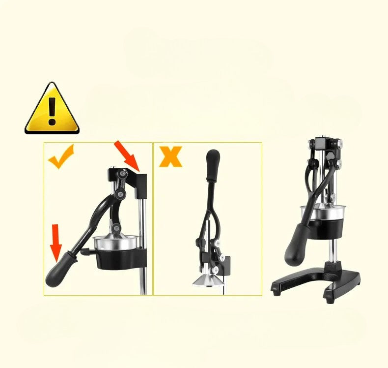 Manual cold press juicer with usage instructions and a warning symbol on a beige background