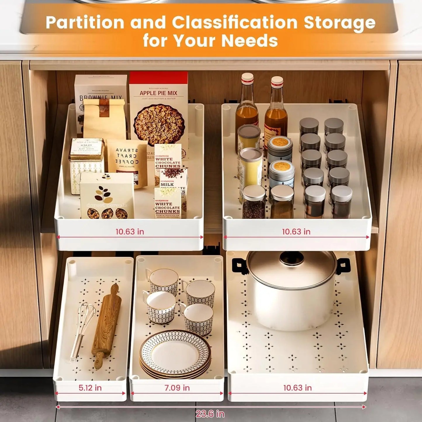 Kitchen storage solution with labeled compartments and items inside