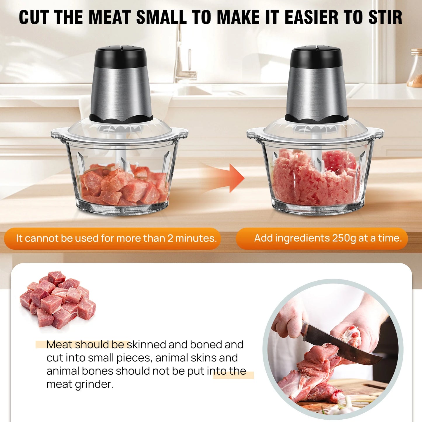 2L Electric Meat Grinder; Vegetable Chopper – 300W Food Processor with 2 Speeds, 4 Blades & Glass Bowl
