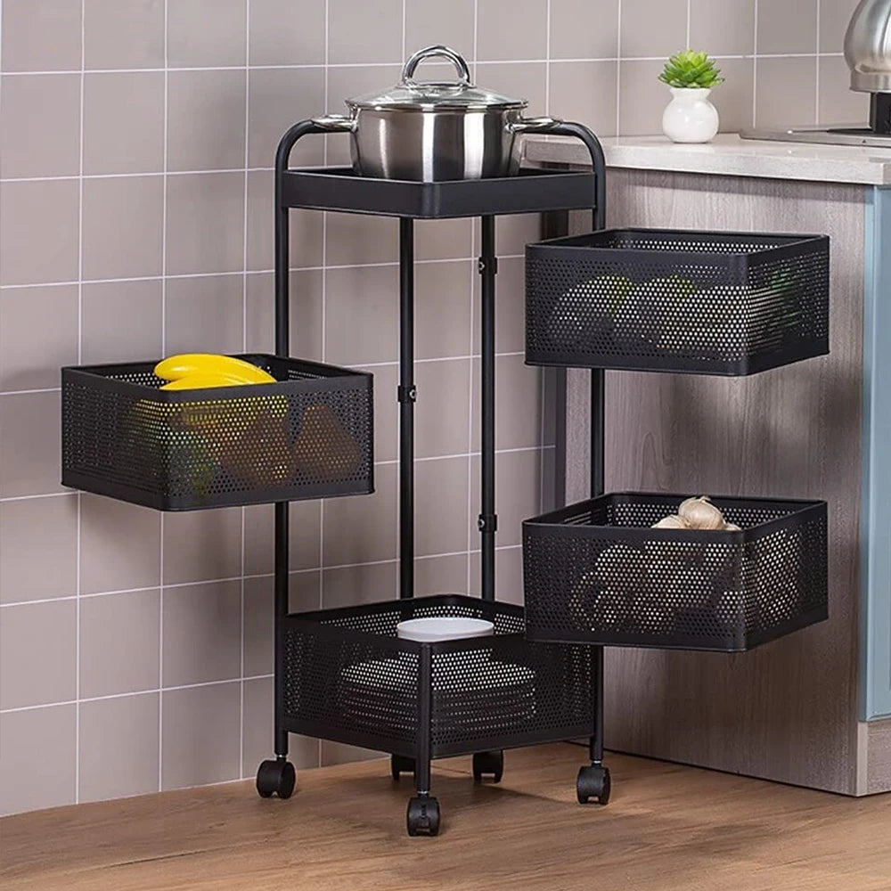 Black metal utility cart with storage baskets in a kitchen setting