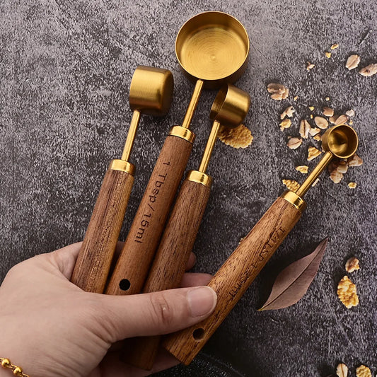 Luxury wooden handle measuring spoons, close-up of artisan detail.