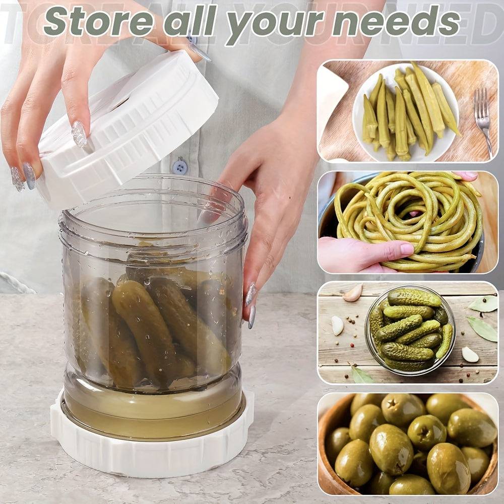 Effortless strainer jar for pickles, olives, and marinated foods