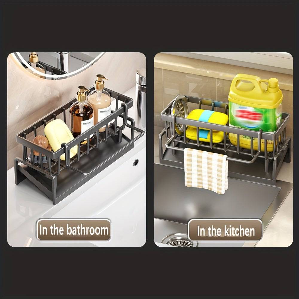 Space-saving kitchen sink rack for soap dispenser, sponges, and dish cloths