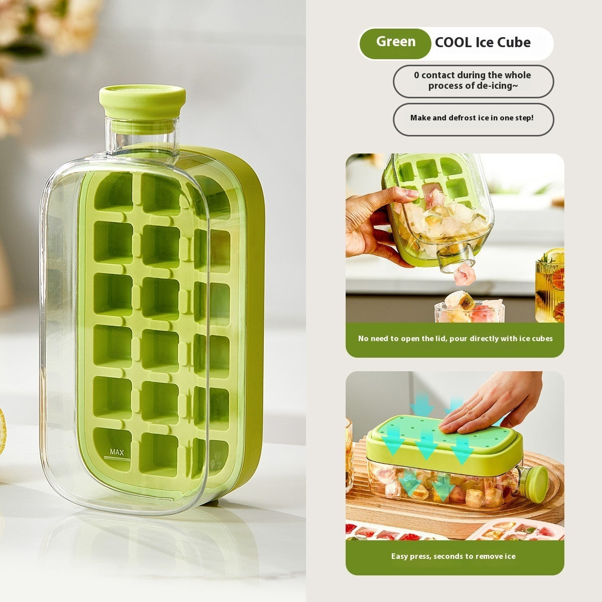 Green silicone ice cube tray with packaging on a white background