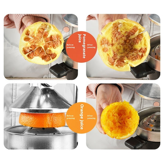 Collage of a pomegranate and orange being juiced with close-up shots of the juicing process.
