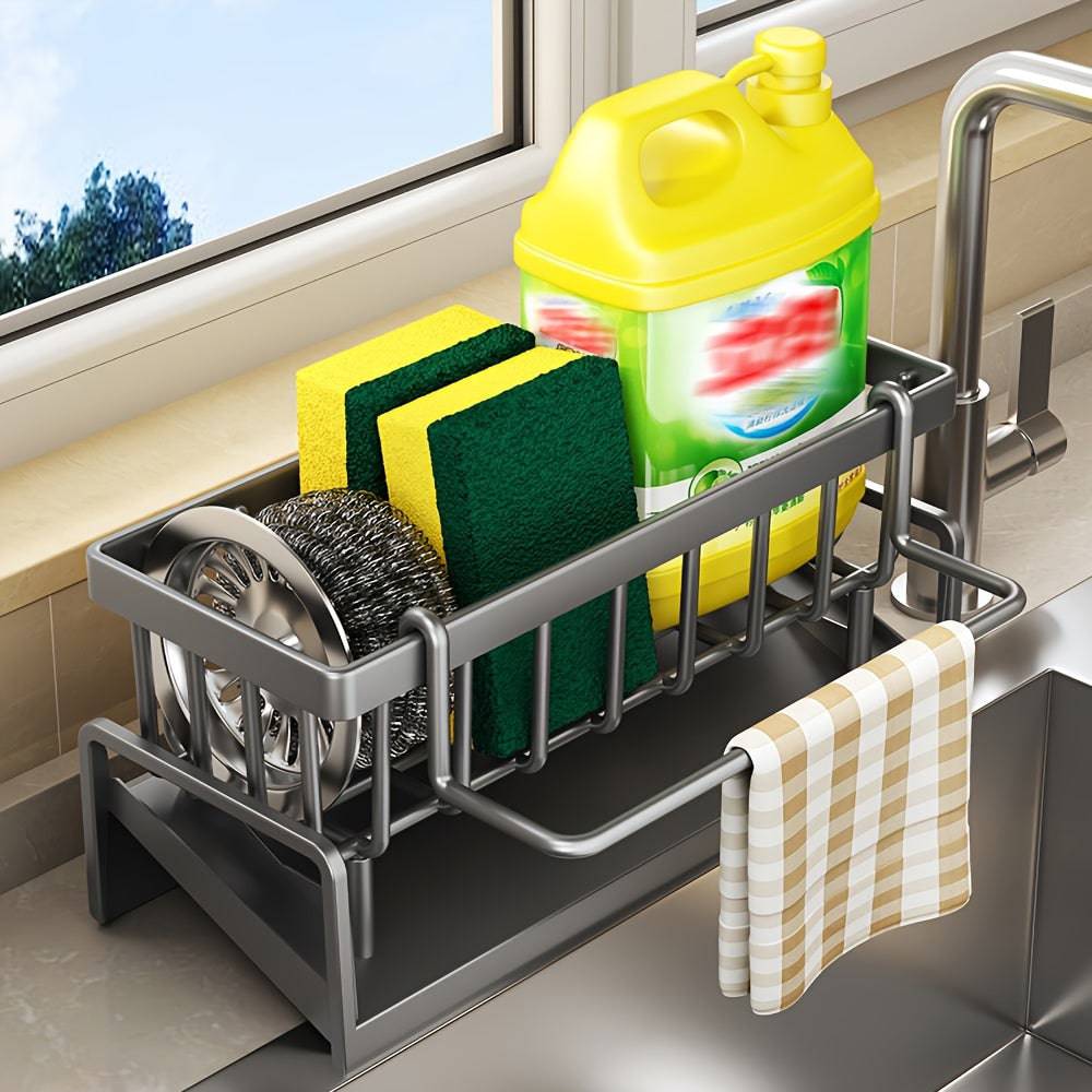 Compact kitchen sink storage rack with drip tray and soap dispenser holder