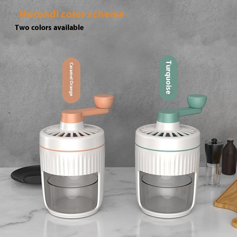 Two kitchen grinders in Crayola Orange and Turquoise on a marble surface with a gray background.