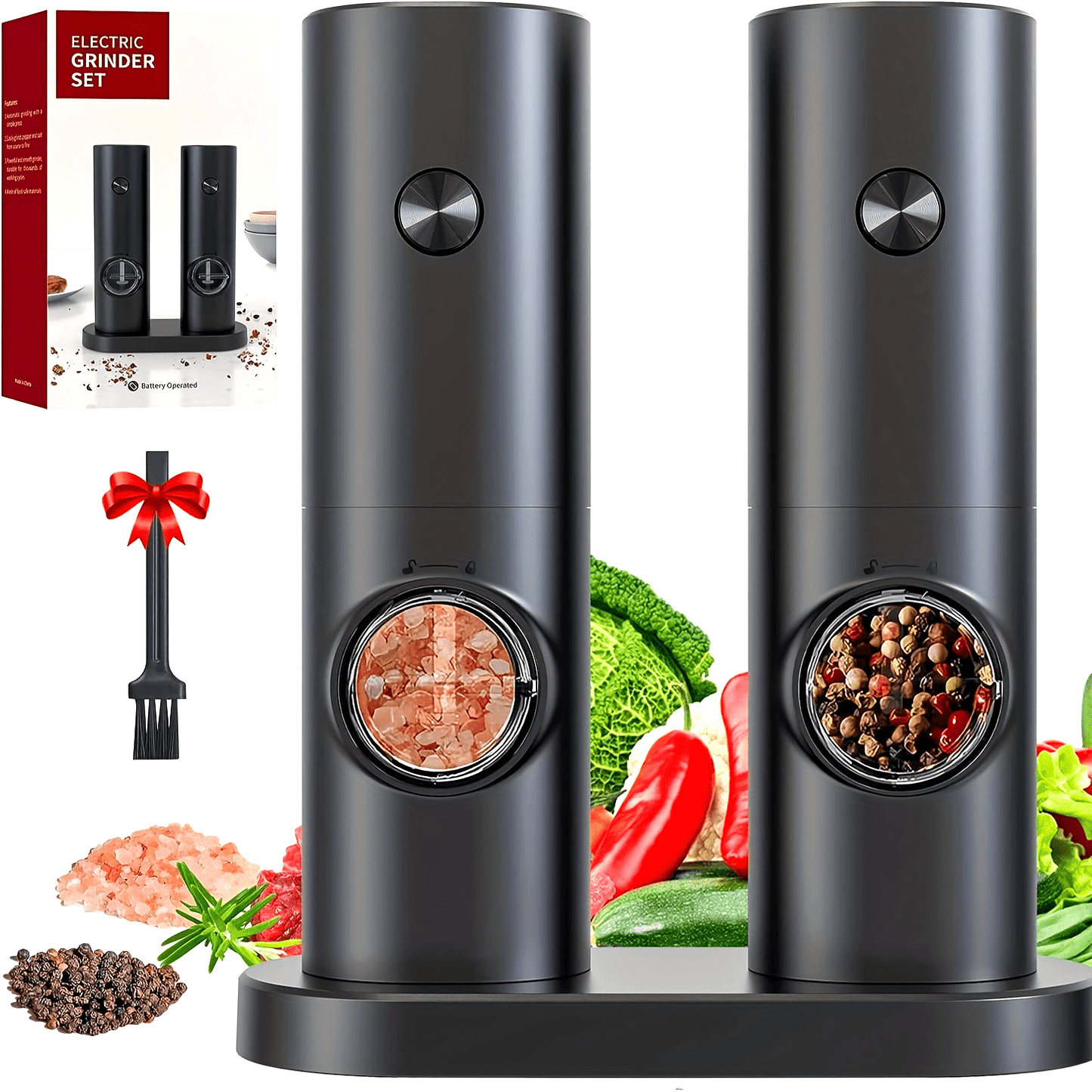 Electric salt and pepper grinder set with LED light and stainless-steel body