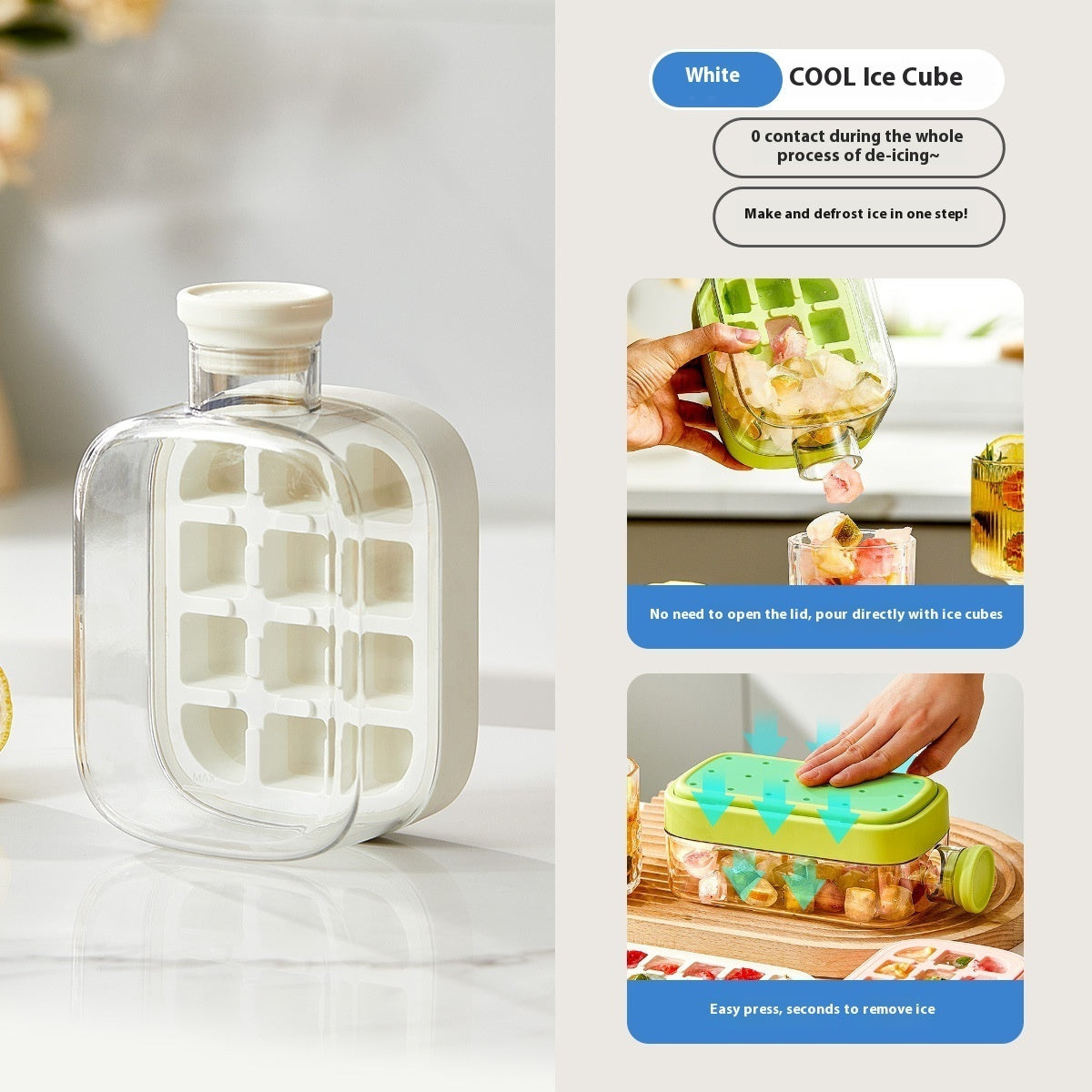 Clear ice cube tray with white base on a light surface, accompanied by promotional text about its use.