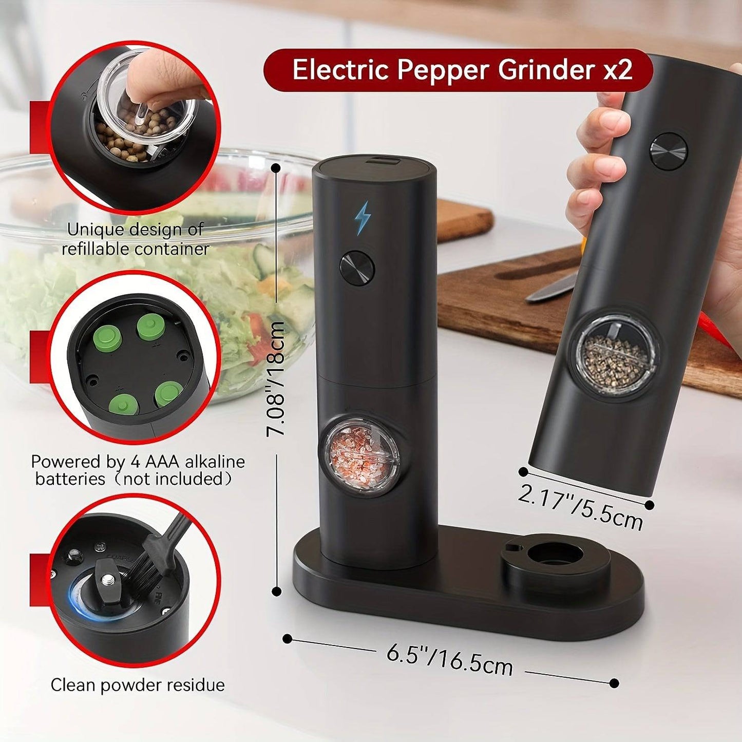 Battery-operated salt grinder with modern design and illuminated base"