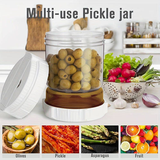 Large pickle jar with built-in strainer for easy wet and dry separation