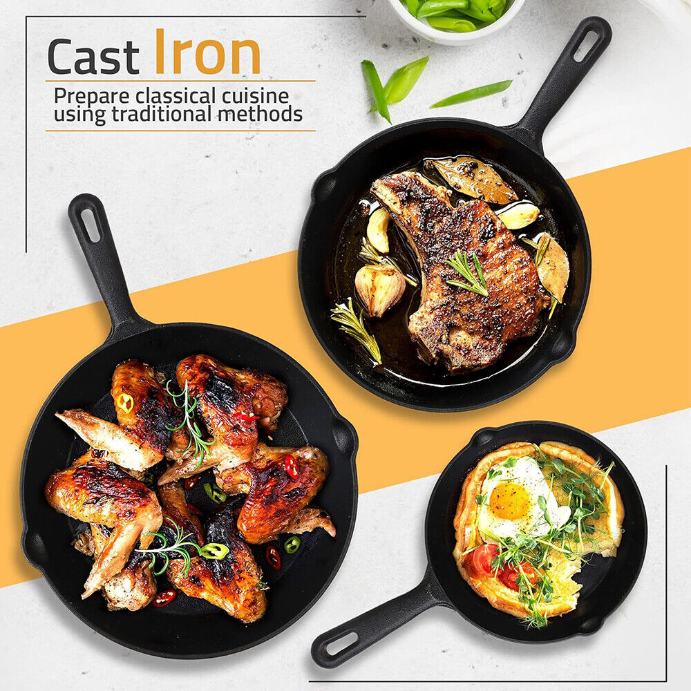 Three cast iron skillets with cooked food on a white and orange background