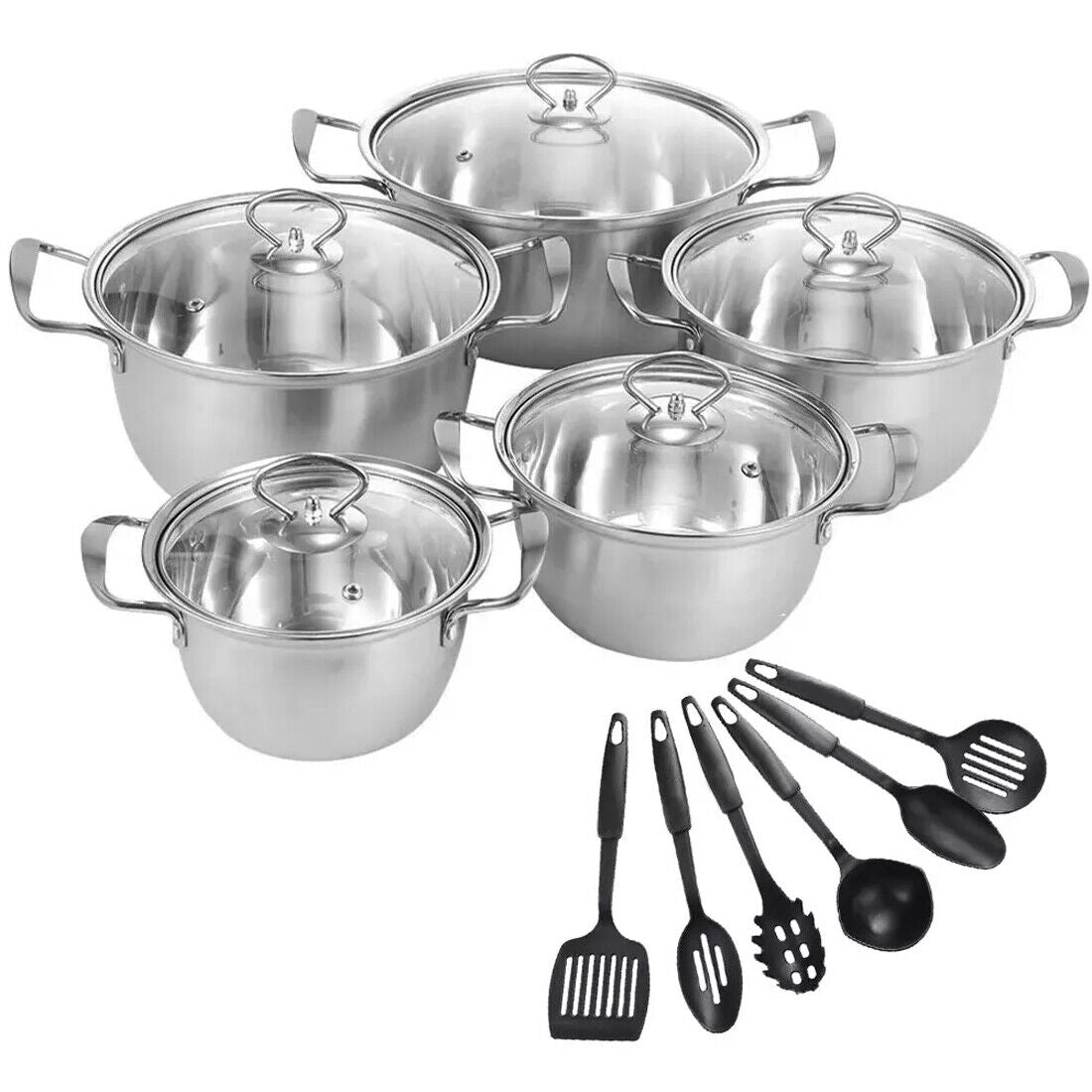 Set of stainless steel cookware with lids and black kitchen utensils on a white background