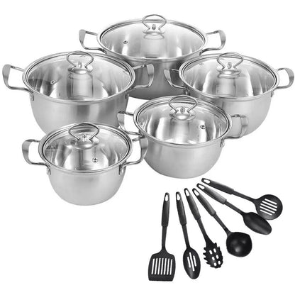 Set of stainless steel cookware with lids and black kitchen utensils on a white background