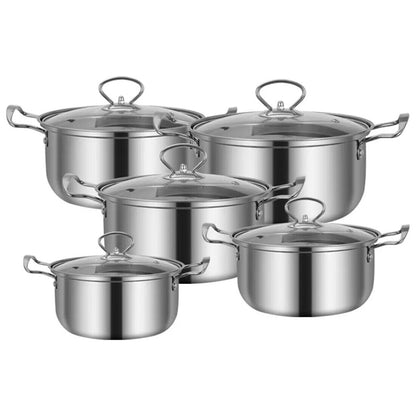 Set of stainless steel cookware pots and lids on a white background