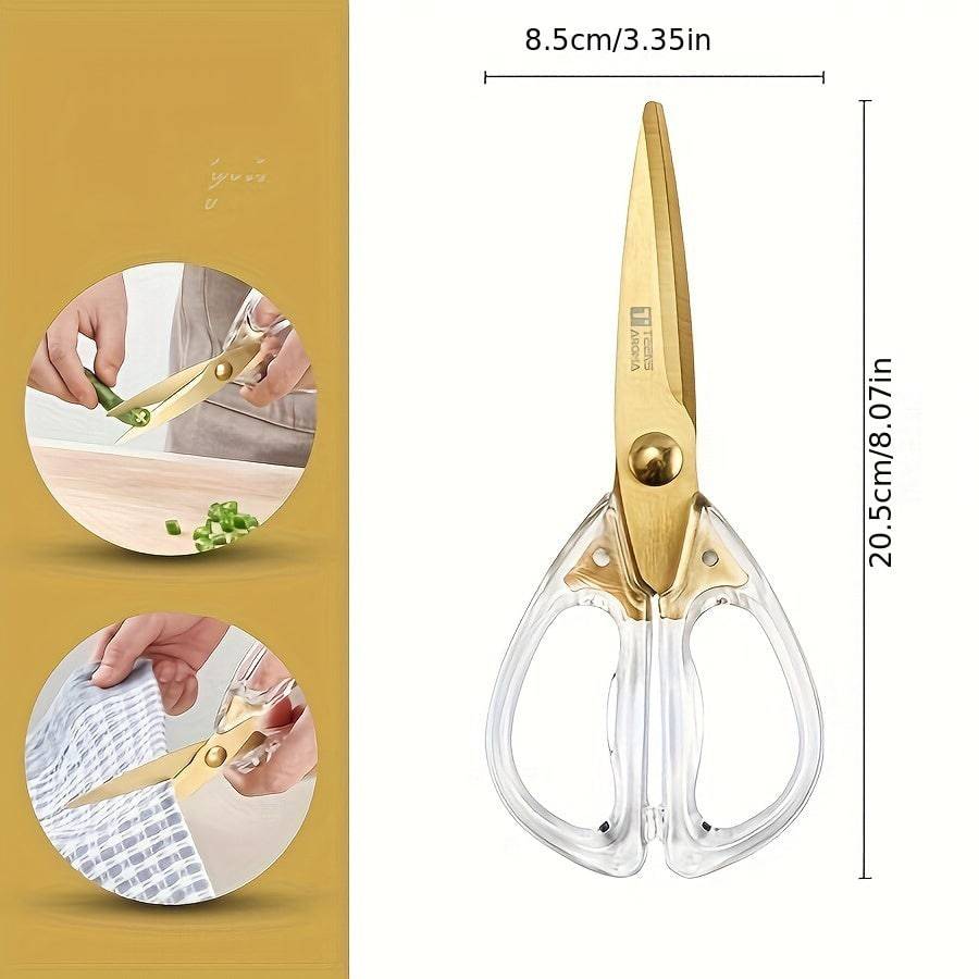 Premium golden kitchen scissors with rust-proof blades on a chopping board