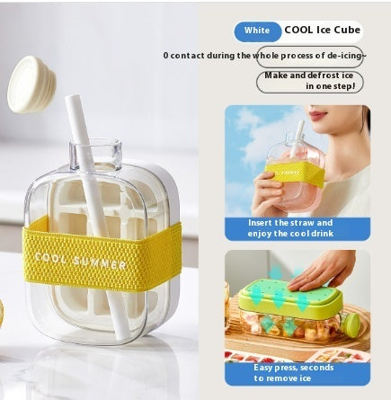 Glass jar with yellow band and straw, featuring text on de-icing process.