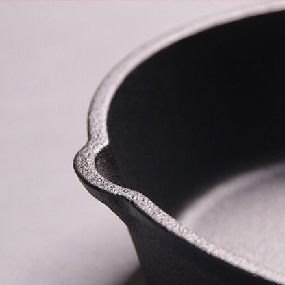 Close-up of a black cast iron skillet on a light gray background