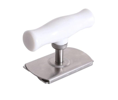 Door handle with white ceramic knob and metallic base on a white background