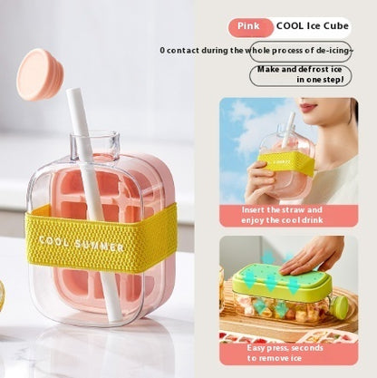 Pink ice cube tray with yellow band and straw on a white surface, with text describing its features.