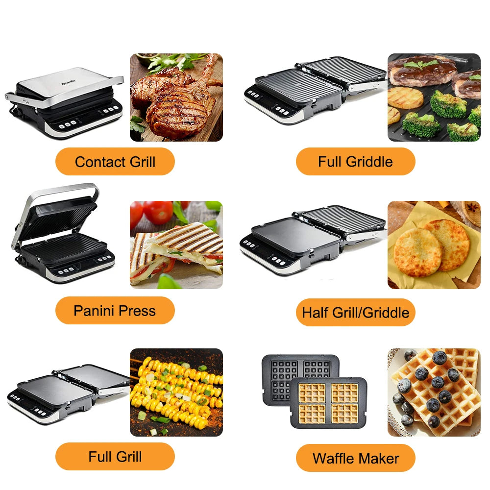 Multifunctional kitchen appliance with various cooking modes and food items.