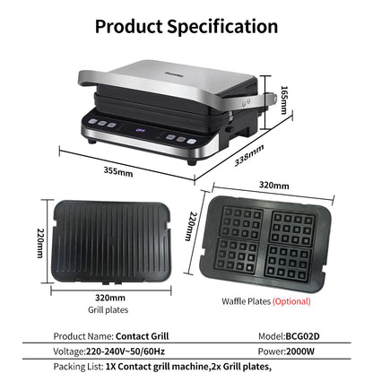 Contact grill with dimensions and specifications on a white background