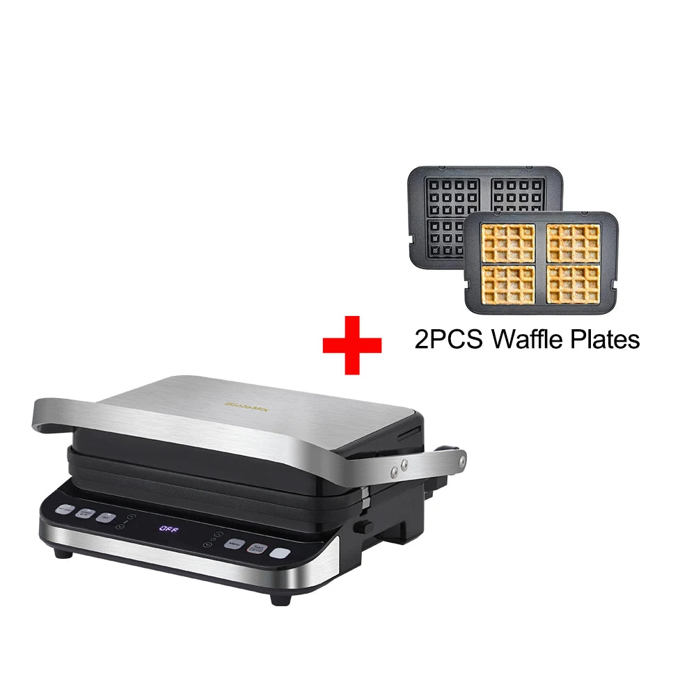 Waffle maker with two waffle plates on a white background