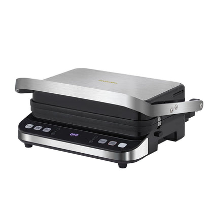 Black and silver sandwich maker on a white background