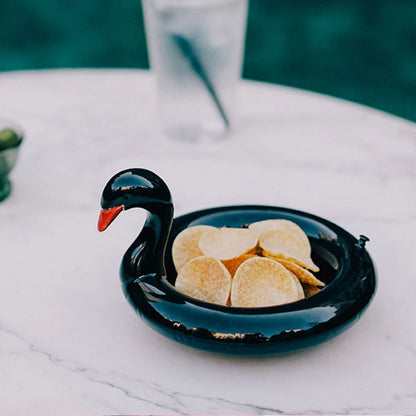 Top view of round Nordic-inspired ceramic food tray.