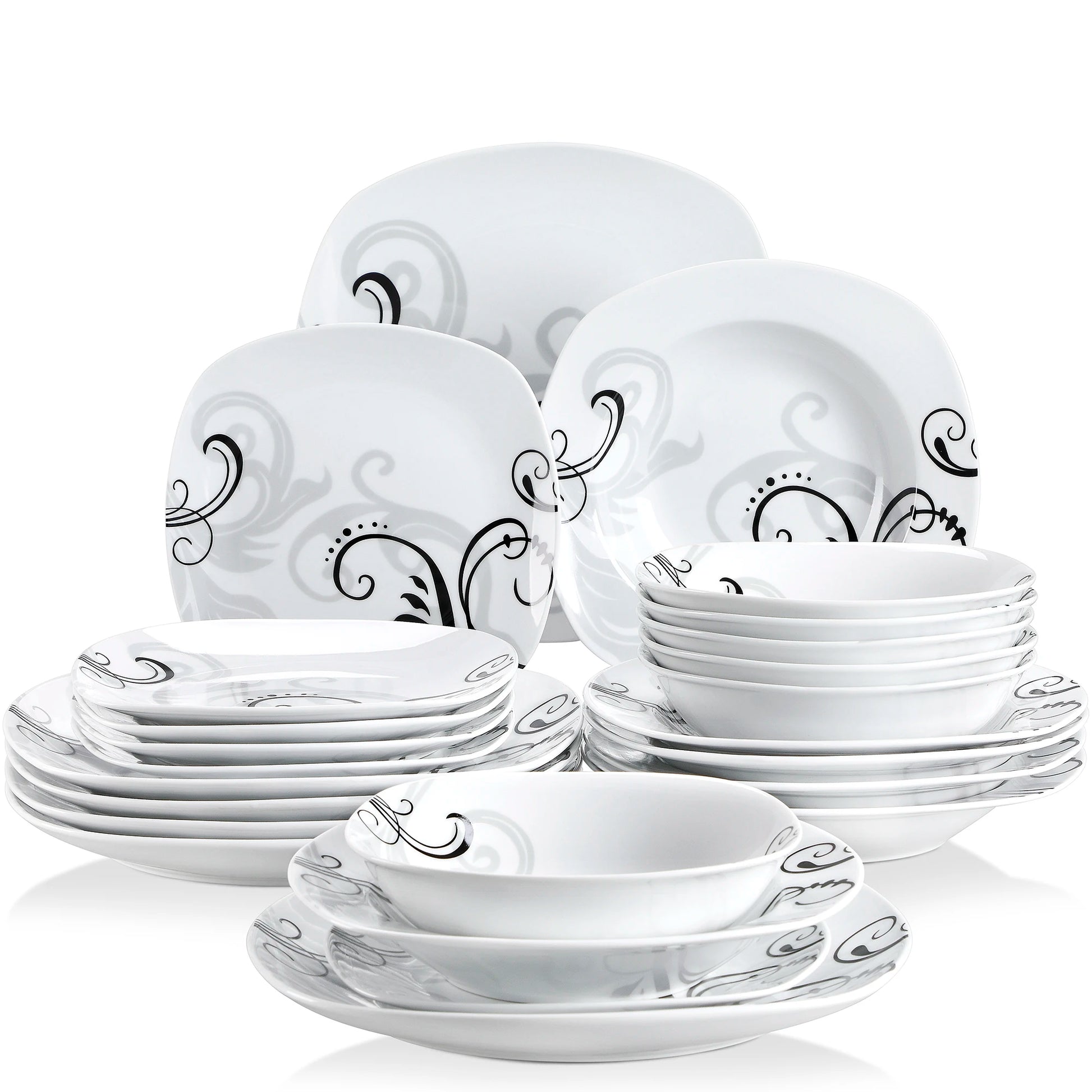 Set of white ceramic dinnerware with black patterns on a white background