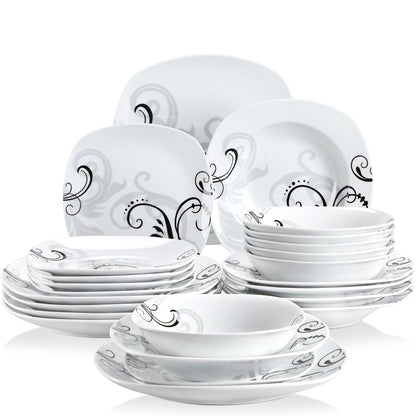 Set of white ceramic dinnerware with black patterns on a white background