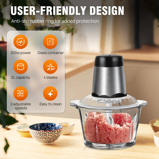 2L Electric Meat Grinder; Vegetable Chopper – 300W Food Processor with 2 Speeds, 4 Blades &amp; Glass Bowl
