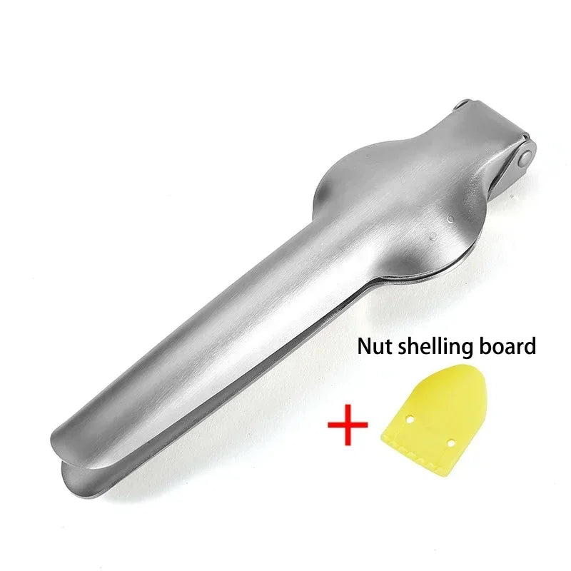 Stainless steel kitchen tool for cracking hard-shelled nuts.