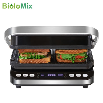 BioloMix sandwich maker with two sandwiches inside on a white background