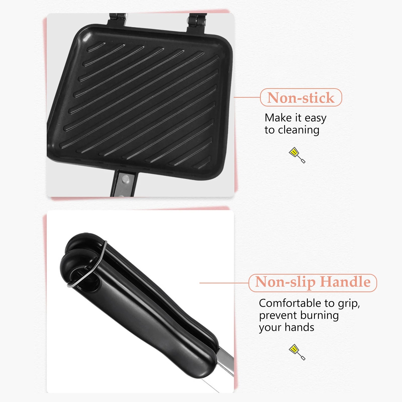 Black non-stick grill pan with handle on a white background