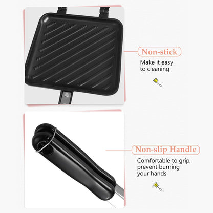 Black non-stick grill pan with handle on a white background