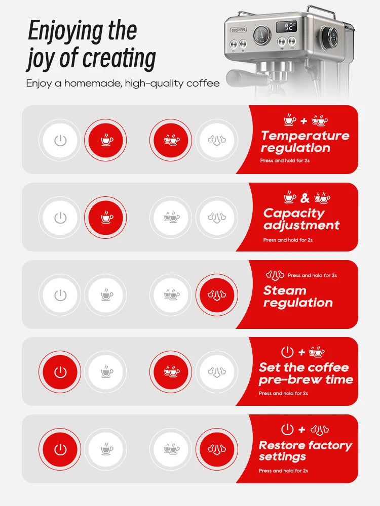 Control panel of a coffee machine with various functions and settings.