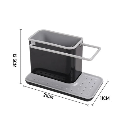 Gray kitchen sink caddy with dimensions on a white background