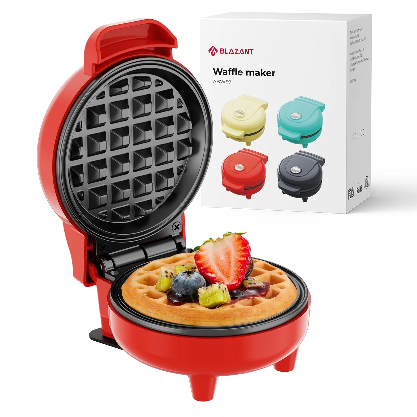 Red waffle maker with a cooked waffle and fruit toppings, next to its packaging.
