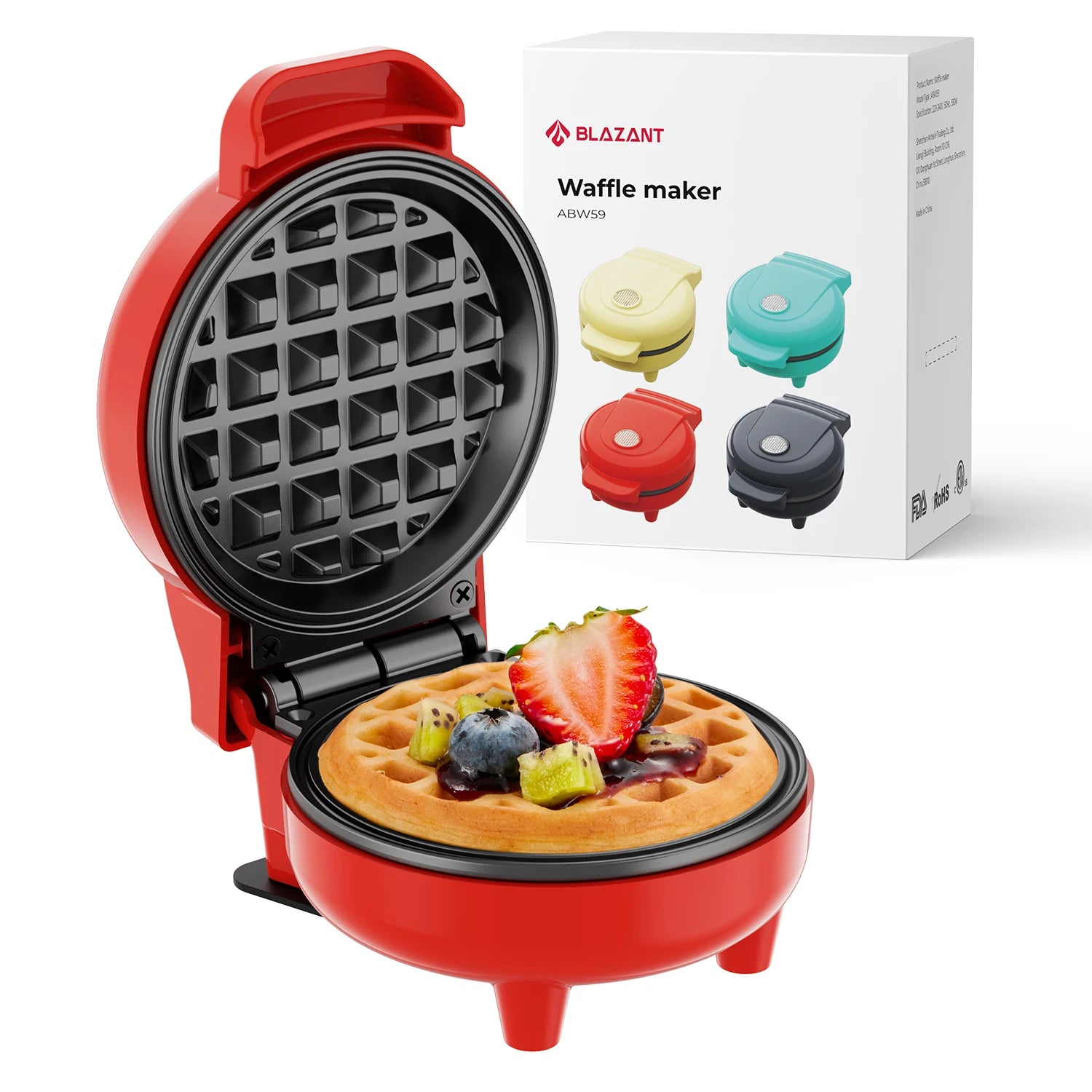 Red waffle maker with a cooked waffle and fruit toppings, next to its packaging.