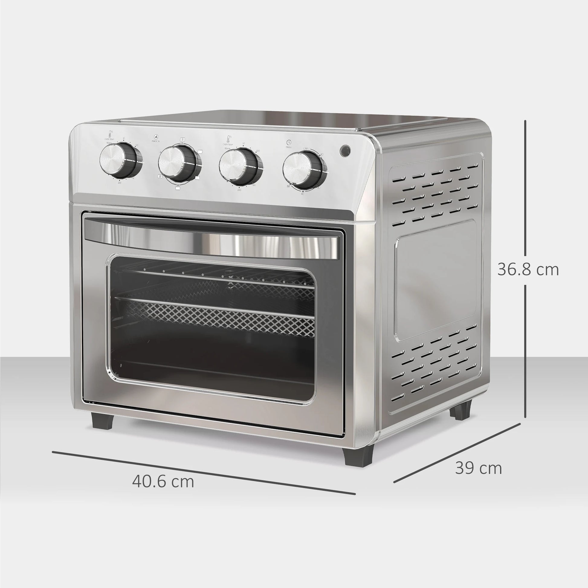 Stainless steel oven with dimensions labeled on a white background