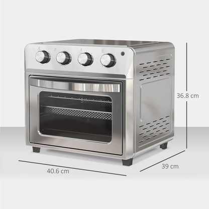 Stainless steel oven with dimensions labeled on a white background