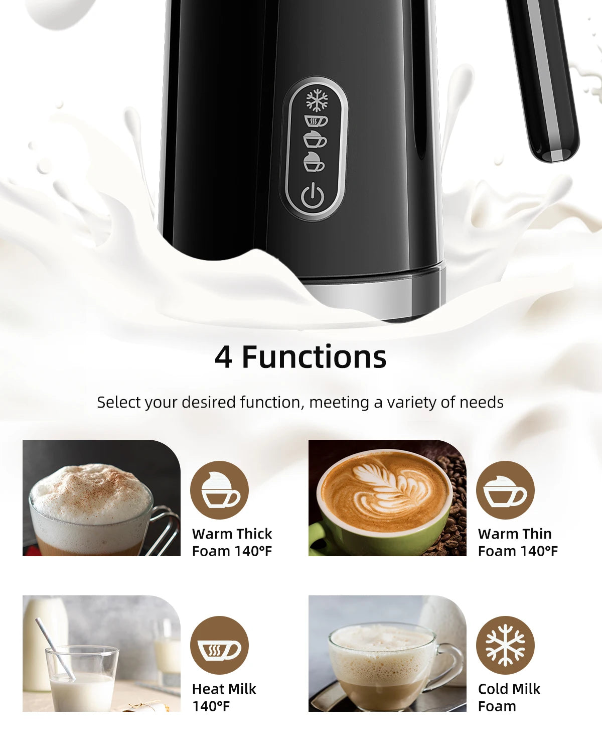 Milk frother with frothing and heating capacity labels.