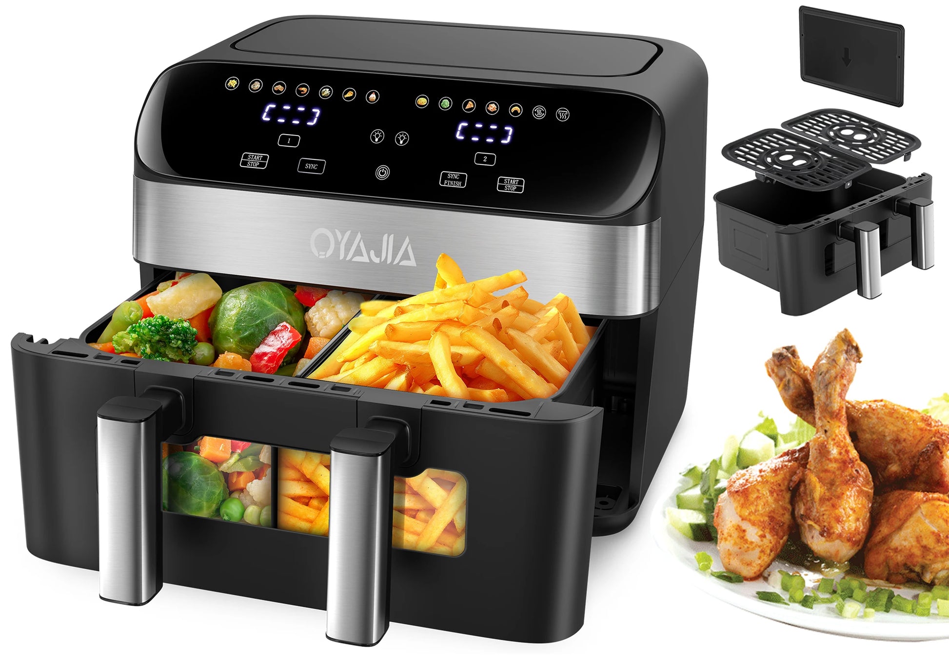 Oyajia air fryer with food items and a plate of fried chicken on a white background