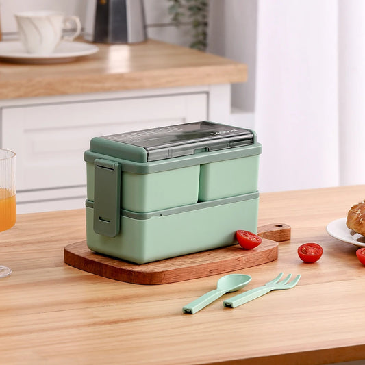 Green lunch box with cutlery on a wooden table