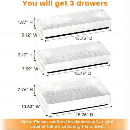 Dimensions of three white drawers with measurements on a white background