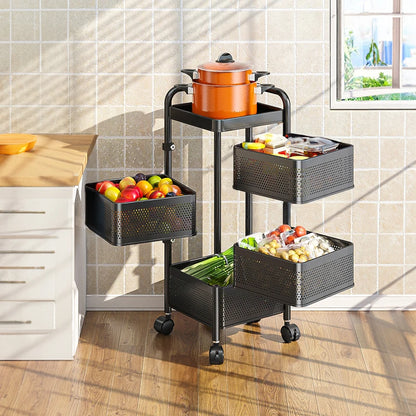 Three-tiered metal and wicker rolling cart with food items in a kitchen setting.