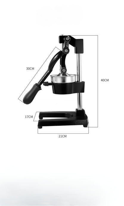 Black manual cold press juicer with dimensions labelled on a white background