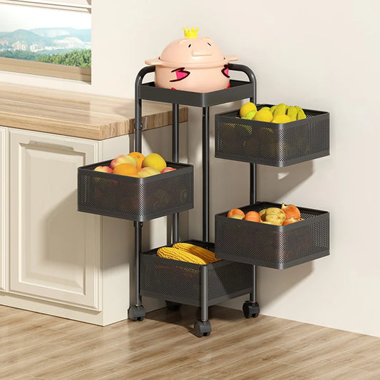 Black three-tier rolling cart with fruit on a wooden floor next to a window with a view of greenery.